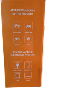 Laterala ambalajului care evidențiază utilizarea pentru auto, motocicletă, bicicletă, mingi și alimentarea dispozitivelor electronice.