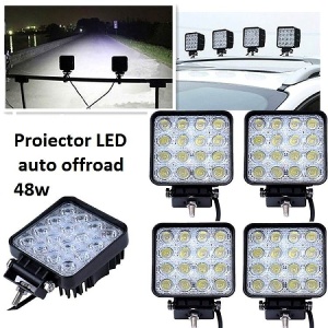 Colaj de prezentare pentru pachetul promo cu 4 proiectoare LED 48W pătrate, cu exemple de montaj și utilizare auto off-road.