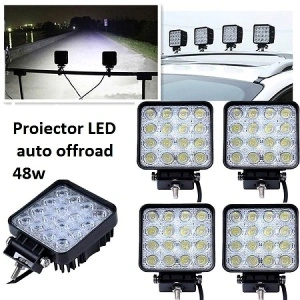 Colaj de prezentare pentru pachetul promo cu 4 proiectoare LED 48W pătrate, cu exemple de montaj și utilizare auto off-road.
