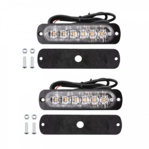 Set de două stroboscoape LED galbene cu 6 LED-uri, prezentate împreună pentru evidențierea designului compact și a montajului universal. 
