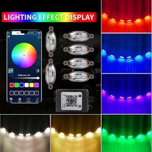 Lumini LED RGB pentru grila auto, cu efecte de iluminare variate și culori intense pentru un aspect distinct.