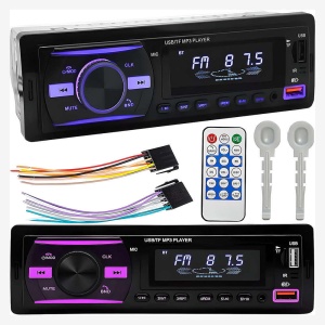 MP3 radio auto Tucrim cu iluminare display, telecomandă, chei de extracție și cabluri de conectare.