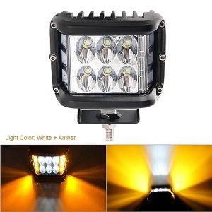 Vedere frontală a proiectorului LED bicolor Tucrim, cu exemple de iluminare albă și galbenă pentru utilizare off-road și utilaje.