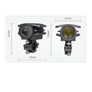 Dimensiuni proiector LED moto dual-color, cu format compact pentru montaj pe motocicletă, ATV sau scuter.