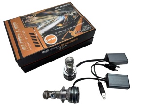 Set becuri LED H7 A10 cu lupă – construcție premium și ambalaj profesional