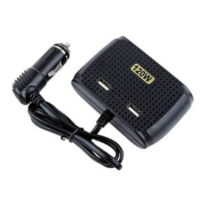 Priză triplă auto 120W cu două porturi USB și cablu pentru conectare la bricheta mașinii.