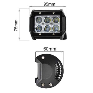 Dimensiuni proiector LED 18W dreptunghiular, cu lățime 95 mm, înălțime 75 mm și adâncime 60 mm.