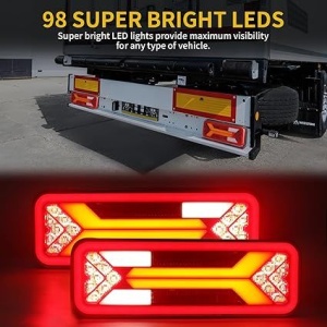 Lămpi spate LED montate pe camion și remorcă, recomandate pentru prezentarea utilizării pe vehicule comerciale și a aspectului luminos modern.