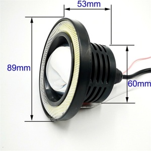 Dimensiuni proiector LED cu lupă Angel Eyes: diametru 89 mm, adâncime 53 mm și corp compact pentru montaj.
