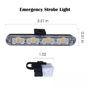 Dimensiuni detaliate ale modulului stroboscop LED cu 4 LED-uri și suport de prindere, utile pentru alegerea poziției corecte de montaj.
