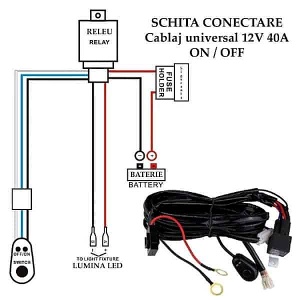 Schemă de conectare pentru cablaj LED bar 12V 40A, cu releu, siguranță, baterie și buton ON/OFF.