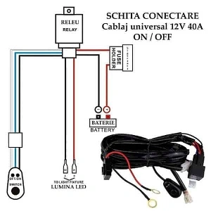 Schemă de conectare pentru cablaj LED bar 12V 40A, cu releu, siguranță, baterie și buton ON/OFF.