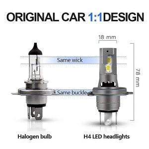 Comparație de dimensiuni între becul halogen clasic și becul LED H4, utilă pentru verificarea compatibilității cu montajul original.