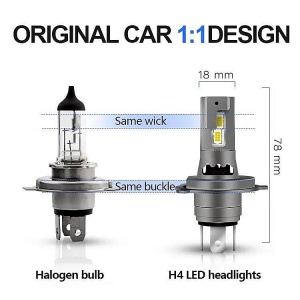 Comparație de dimensiuni între becul halogen clasic și becul LED H4, utilă pentru verificarea compatibilității cu montajul original.