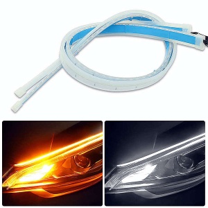 Bandă LED DRL flexibilă cu funcție dublă: lumină albă continuă și semnalizare galbenă.