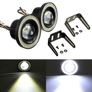 Set proiectoare LED cu lupă și Angel Eyes 64 mm, livrat cu suporturi de montaj și accesorii pentru instalare.