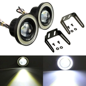 Set proiectoare LED cu lupă și Angel Eyes 64 mm, livrat cu suporturi de montaj și accesorii pentru instalare.