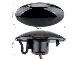 Dimensiuni semnalizare laterală LED fumurie: 70 x 35 mm, cu profil compact pentru montaj compatibil.