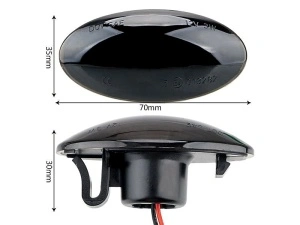 Dimensiuni semnalizare laterală LED fumurie: 70 x 35 mm, cu profil compact pentru montaj compatibil.
