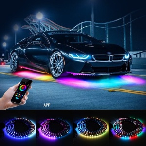 Kit benzi LED RGB pentru auto, controlat din telefon, ideal pentru iluminare decorativă sub caroserie.