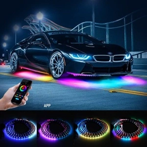 Kit benzi LED RGB pentru auto, controlat din telefon, ideal pentru iluminare decorativă sub caroserie.