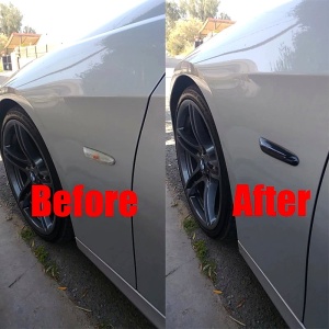 Semnalizări dinamice LED fumurii pentru BMW, prezentate înainte și după montaj pe aripă.