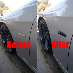 Semnalizări dinamice LED fumurii pentru BMW, prezentate înainte și după montaj pe aripă.