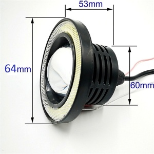 Dimensiuni pentru proiectorul LED cu lupă și Angel Eyes 64 mm, utile pentru verificarea compatibilității la montaj.