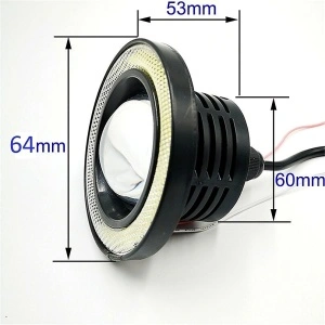 Dimensiuni pentru proiectorul LED cu lupă și Angel Eyes 64 mm, utile pentru verificarea compatibilității la montaj.