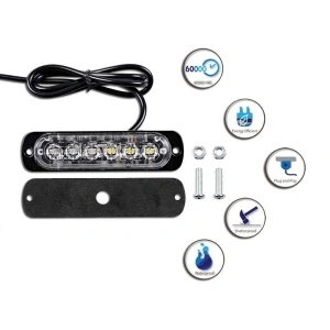 Modul stroboscop LED galben cu 6 LED-uri, cablu, garnitură și șuruburi de montaj pentru instalare sigură și rapidă.