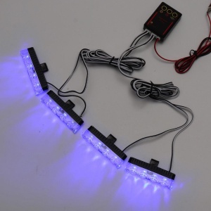 Kit complet cu 4 stroboscoape LED albastre, cablaj și controler, pregătit pentru montaj și utilizare în sisteme de avertizare auto.
