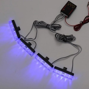 Kit complet cu 4 stroboscoape LED albastre, cablaj și controler, pregătit pentru montaj și utilizare în sisteme de avertizare auto.