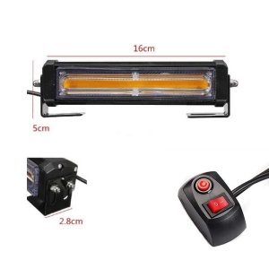 Lampa stroboscopică COB galbenă cu dimensiuni produs și buton de control pentru schimbarea modurilor de avertizare.