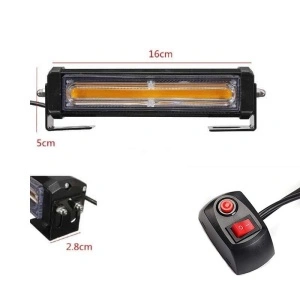 Lampa stroboscopică COB galbenă cu dimensiuni produs și buton de control pentru schimbarea modurilor de avertizare.