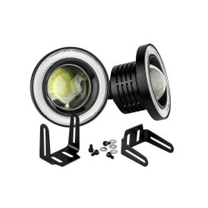 Set proiectoare LED Angel Eyes cu lupă, suporturi metalice și șuruburi incluse pentru instalare.