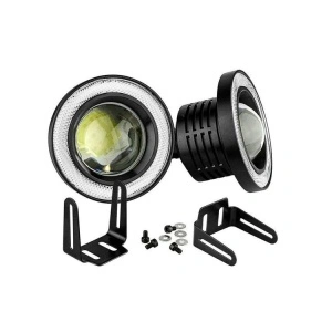 Set proiectoare LED Angel Eyes cu lupă, suporturi metalice și șuruburi incluse pentru instalare.