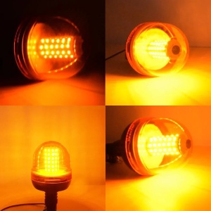 Girofar LED galben cu 3 moduri flash, ilustrat în mai multe unghiuri pentru a evidenția intensitatea luminii și efectul de avertizare.