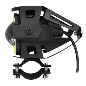 Vedere laterală a proiectorului LED cu lupă și Angel Eye pentru moto și ATV, cu suport de prindere pe bară sau ghidon.