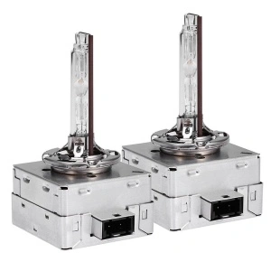Set de becuri xenon D3S pentru faruri auto, imagine utilă pentru prezentarea produsului complet și a utilizării ca înlocuire pentru becurile originale.