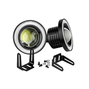 Set proiectoare LED cu lupă Angel Eyes 76 mm, livrat cu suporturi și accesorii pentru montaj.