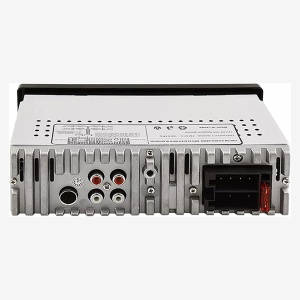 Panoul din spate al MP3 playerului auto Tucrim cu mufe RCA, conector de alimentare și siguranță.