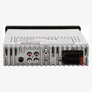 Panoul din spate al MP3 playerului auto Tucrim cu mufe RCA, conector de alimentare și siguranță.