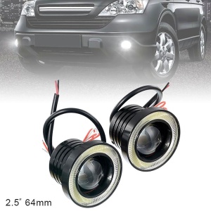 Set de proiectoare LED cu lupă Angel Eyes 64 mm, prezentat într-o aplicație auto pentru iluminare suplimentară și aspect modern.