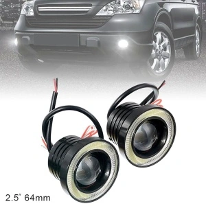 Set de proiectoare LED cu lupă Angel Eyes 64 mm, prezentat într-o aplicație auto pentru iluminare suplimentară și aspect modern.