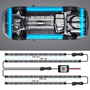 Benzi LED RGB pentru exterior auto, cu dimensiuni de 120 cm și 150 cm, potrivite pentru montaj complet sub mașină.