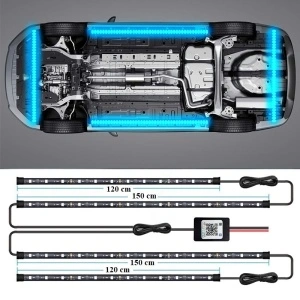 Benzi LED RGB pentru exterior auto, cu dimensiuni de 120 cm și 150 cm, potrivite pentru montaj complet sub mașină.