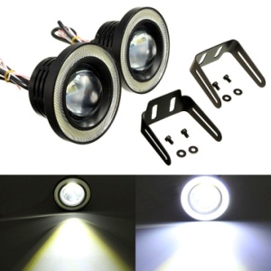 Set 2 proiectoare LED cu lupă și Angel Eyes, livrate cu suporturi și accesorii pentru montaj auto.