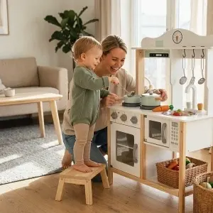 Bucătărie din lemn pentru copii – jucărie educativă și creativă cu accesorii și sunete realiste - Img 4