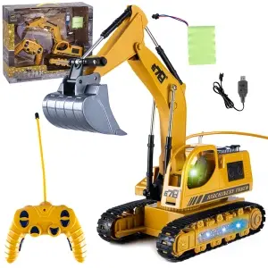 Excavator cu telecomandă pe șenile, cu braț și cupă mobile, lumini colorate și cabină rotativă. Încărcător inclus.+3 ani, Galben - Img 5