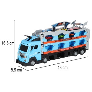 Set Camion de Jucarie pentru Transport cu 8 masinute de curse, trailer, catapulta pentru vehicule, platforma si pista de curse, Albastru - Img 9